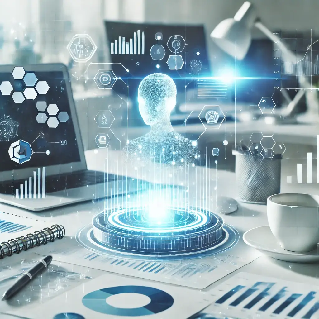 Holographic AI interface with business charts and analytics