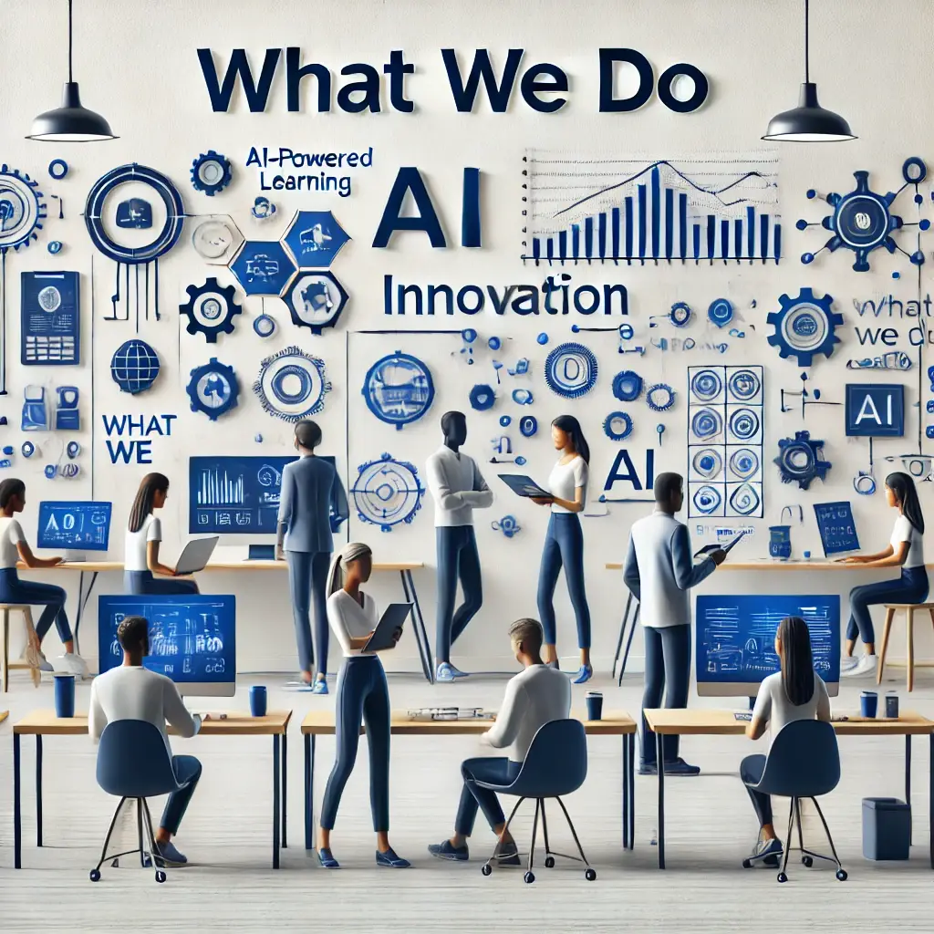 Diverse individuals in a workshop setting, engaging with AI-powered tools and data screens.