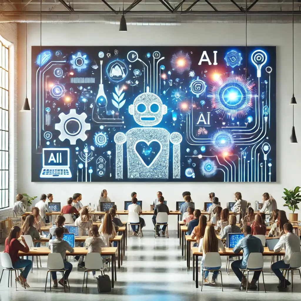 A diverse group of individuals participating in a vibrant AI workshop with glowing AI-inspired elements.