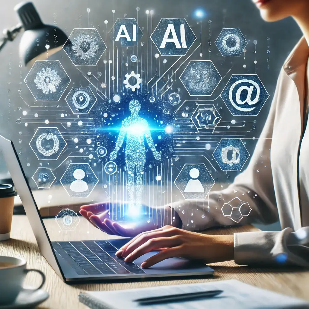 An individual working on a laptop with glowing AI icons emerging from the screen.